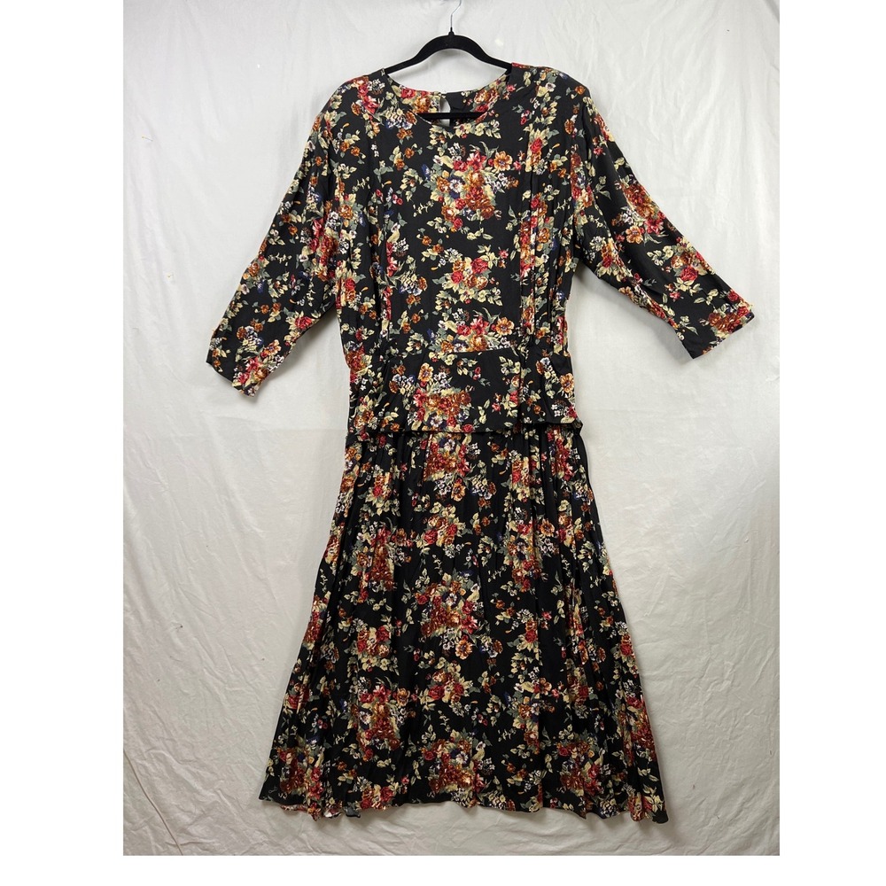 Vintage 90s Nina Piccalino Floral Maxi Dress Womens 20WS Black Rayon 3/4 Sleeve